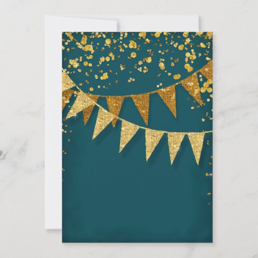Any Birthday Peacock Blue Gold Confetti Pennant Kaart (Achterkant)