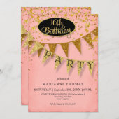 Any Birthday Pink and Gold Pennant Banner Confetti Kaart (Voorkant / Achterkant)