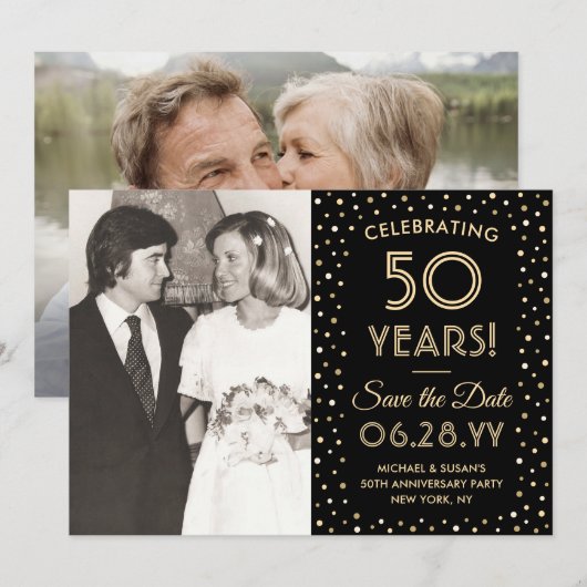 ANY Jubileum 2 Foto Zwart & Goud Confetti Save The Date (Voorkant / Achterkant)