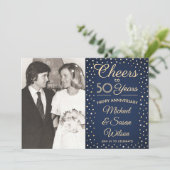 ANY Jubileum 2 Foto's Cheers Navy en Gold Party Kaart (Staand voorkant)