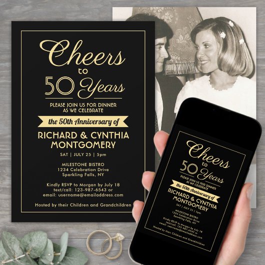 ANY Jubileum Cheers Elegant Zwart & Goud Foto Kaart