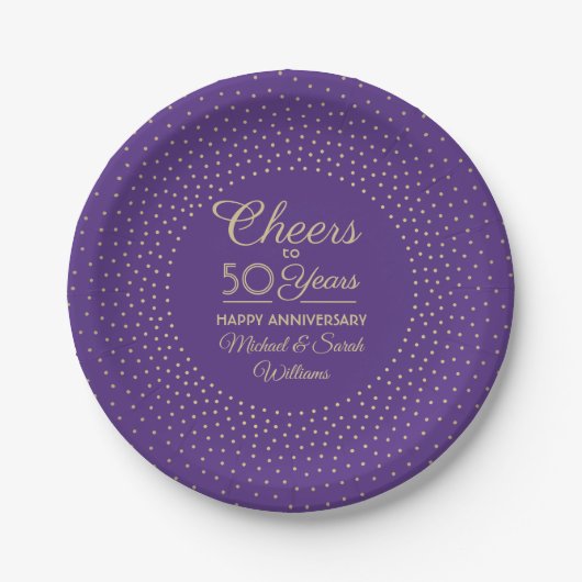 ANY Jubileum Cheers Paarse en gouden Confetti Papieren Bordje (Voorkant)