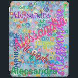 Any Name Collage iPad Smart Hoesje iPad Cover<br><div class="desc">Deze iPad hoes laat geen twijfel over wie het behoort tot! De hoes heeft een kleurrijk meisjesachtig ontwerp met de naam van uw keuze die in verschillende lettertypen en kleuren verschijnt. De namen worden weergegeven op een blauwe achtergrond met kleurrijke bloemen. De hoes wordt geleverd met een keuze uit iPad-versies....</div>