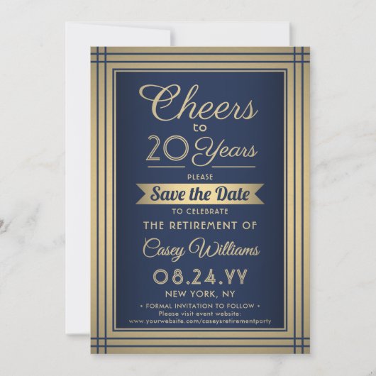 ANY Number Retirement Party Cheers Navy Blue Gold Save The Date (Voorkant)