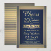 ANY Number Retirement Party Cheers Navy Blue Gold Save The Date (Voorkant / Achterkant)