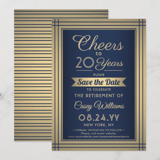 ANY Number Retirement Party Cheers Navy Blue Gold Save The Date (Voorkant / Achterkant)