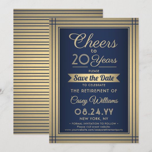 ANY Number Retirement Party Cheers Navy Blue Gold Save The Date (Voorkant / Achterkant)