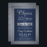 ANY Number Retirement Party juicht Navy Blue Save The Date<br><div class="desc">Nodig collega's, collega's, familie en vrienden uit voor een elegant pensioenfeest met aangepaste marineblauwe en faux silver-folie om de uitnodigingen voor het datumfeest op te slaan. De sjabloon "Cheers to 20 Years" is opgezet om 20 jaar dienst te eren, maar is eenvoudig aan te passen voor elk nummer. Het ontwerp...</div>