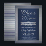 ANY Number Retirement Party juicht Navy Blue Save The Date<br><div class="desc">Nodig collega's, collega's, familie en vrienden uit voor een elegant pensioenfeest met aangepaste marineblauwe en faux silver-folie om de uitnodigingen voor het datumfeest op te slaan. De sjabloon "Cheers to 20 Years" is opgezet om 20 jaar dienst te eren, maar is eenvoudig aan te passen voor elk nummer. Het ontwerp...</div>