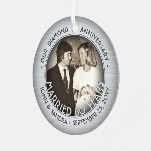 Any Text 2 Photo Diamond 60th Wedding Jubileum Metalen Ornament (Voorkant links)