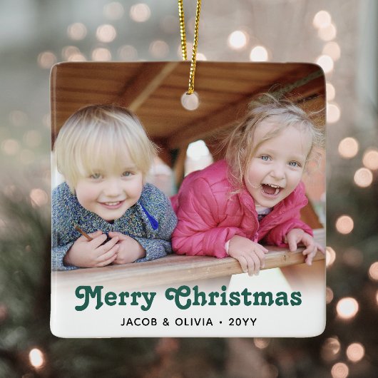 Any Text 2 Photo Green Retro Typography Simple Keramisch Ornament