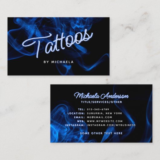 *ANY TEXT* Modern Blauw Neon & Rook Tattoo Visitekaartje (Voorkant / Achterkant)