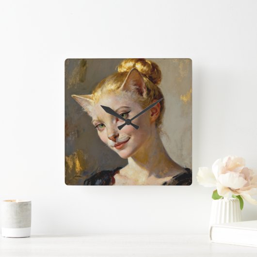 “Anya, Meticulously Content” – A Feminine Feline Vierkante Klok (Huis)