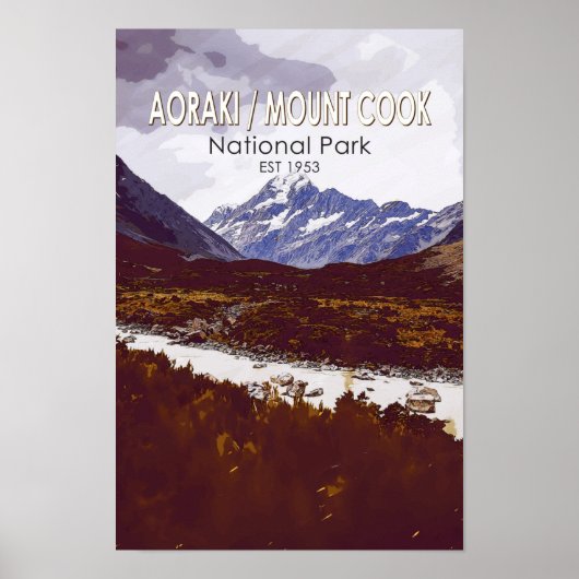 Aoraki Mount Cook National Park New Zealand Retro Poster (Voorkant)