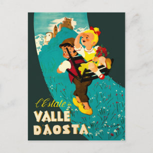 Aosta-vallei, jongen en meisje wandelen op berg briefkaart