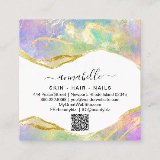 *~* AP26 Etherale OPAL Rainbow QR Gold Glitter Vierkante Visitekaartje (Achterkant)