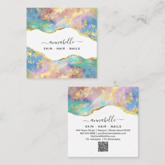 *~* AP26 OPAL Rainbow QR Gold Glitter Etheral Vierkante Visitekaartje (Voorkant / Achterkant)