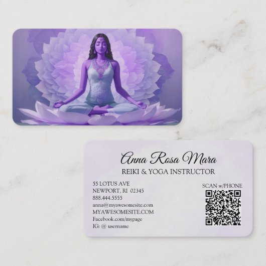 *~* AP32 Lavendel Lotus Yoga Vrouw QR Mandala Visitekaartje (Voorkant / Achterkant)