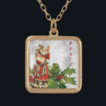 *~* AP40 Berry  Retro St Nick Holly PEACE Goud Vergulden Ketting<br><div class="desc">Dark Skin Saint Nicholas Bearing Gifts met een gouden hoorn die zijn aanwezigheid aankondigt. Juwelry met intentie ( r ) Holly and Red Berries / Berry / and saint Nick Saint Nicholas als Nostalgisch Old Fashioned Retro Antiek Vintage Santa Clause and Holly foliage en het woord PEACE op een vierkant...</div>