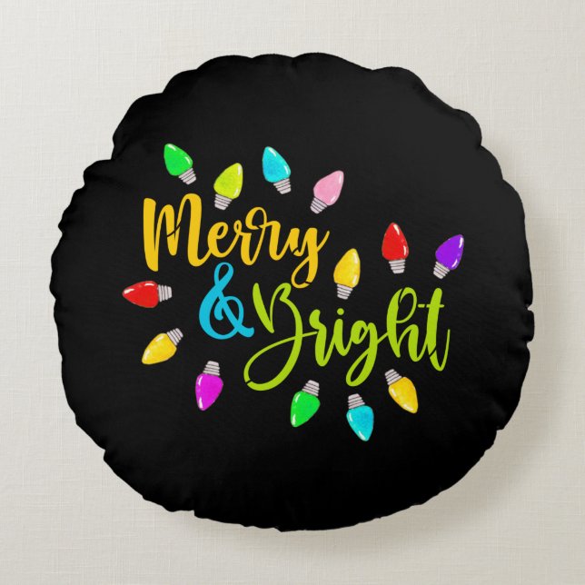 *~* AP44 Fijne, kleurrijke kerstverlichting Rond Kussen (Voorkant)