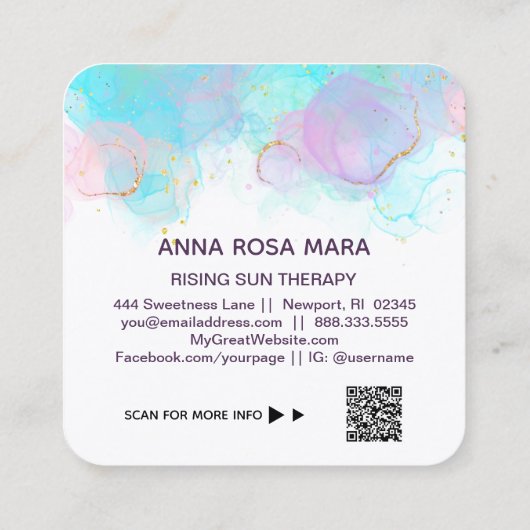 *~* AP46 Pastel QR Gold Glitter Abstracte Inkt LOG Vierkante Visitekaartje (Achterkant)