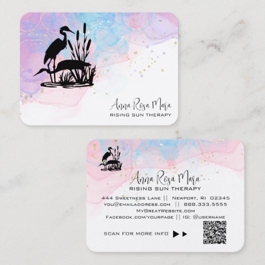*~* AP46 QR Etheral Beach Marsh Heron Elegant Visitekaartje (Voorkant / Achterkant)