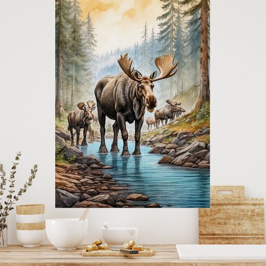 *~* AP49 MOOSE Herd Stream Natuur Bos Poster (Keuken)