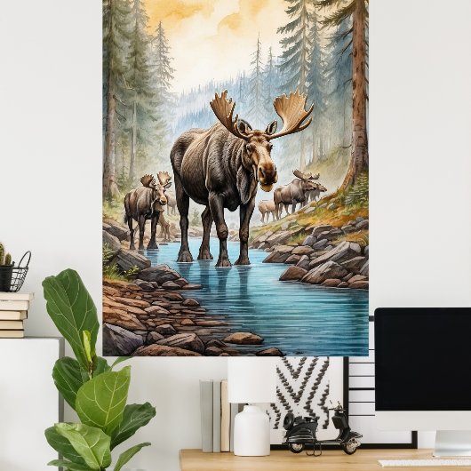 *~* AP49 MOOSE Herd Stream Natuur Bos Poster (Thuiskantoor)