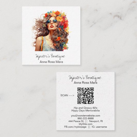 *~* AP57 Boho QR Bloemen Haar Bold Hippie Meisje Vierkante Visitekaartje (Voorkant / Achterkant)