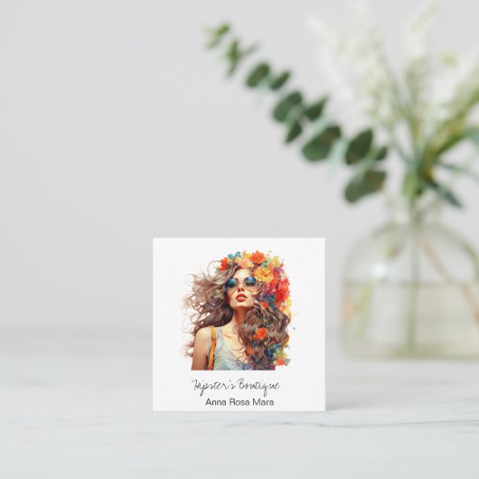 *~* AP57 Boho QR Bloemen Haar Bold Hippie Meisje Vierkante Visitekaartje (Staand voorkant)