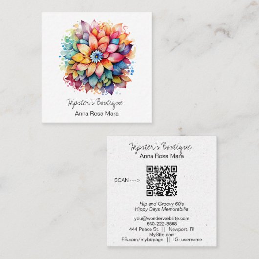 *~* AP57 Boho QR Bold Retro 60's Bloemboeket Vierkante Visitekaartje (Voorkant / Achterkant)