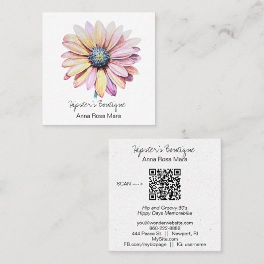 *~* AP57 Boho QR Bold Retro 60's Flower DAISY Vierkante Visitekaartje (Voorkant / Achterkant)