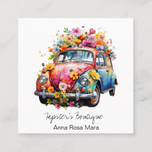 *~* AP57 Boho QR Retro Flowers Voertuig Vierkante Visitekaartje