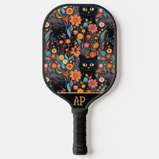 *~* AP68 Floral Whimsical Quirky Cat FOTO 1 Pickleball Paddle (Voorkant)