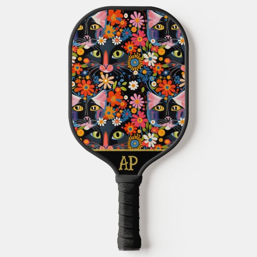 *~* AP68 Floral Whimsical Quirky Cat FOTO 3 Pickleball Paddle (Voorkant)
