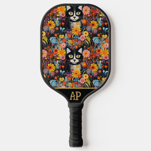 *~* AP68 Floral Whimsical Quirky Cat FOTO 7 Pickleball Paddle (Voorkant)