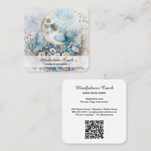 *~* AP70 Etherische Volle Maan Bloemen QR Bloemen Vierkante Visitekaartje (Voorkant / Achterkant)