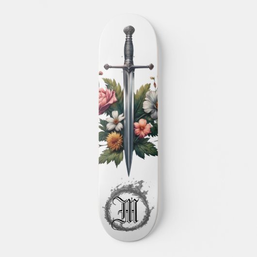 *~* AP88 Middeleeuws Zwaard Bloemen Bloemen Vuur Persoonlijk Skateboard (Voorkant)