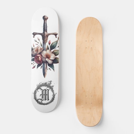 *~* AP88 Vuur Middeleeuws Zwaard Bloemen Bloemen Persoonlijk Skateboard (Voorkant)