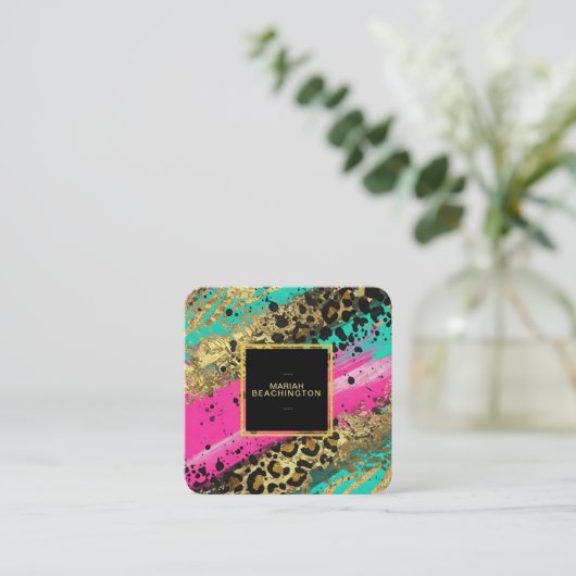 ** AP93 Abstract Gold Leopard Animal Neon Bold Vierkante Visitekaartje (Staand voorkant)