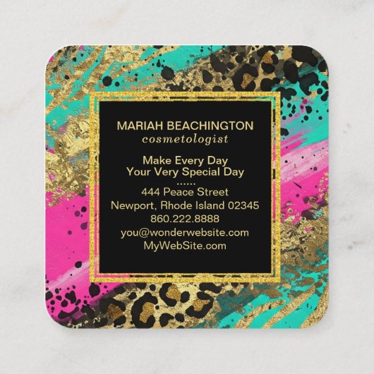 ** AP93 Abstract Gold Leopard Animal Neon Bold Vierkante Visitekaartje (Achterkant)