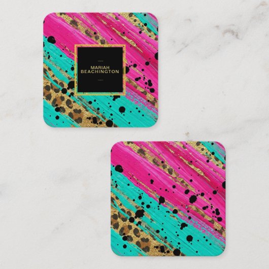** AP93 Gold Leopard Animal Neon Bold Abstract Vierkante Visitekaartje (Voorkant / Achterkant)