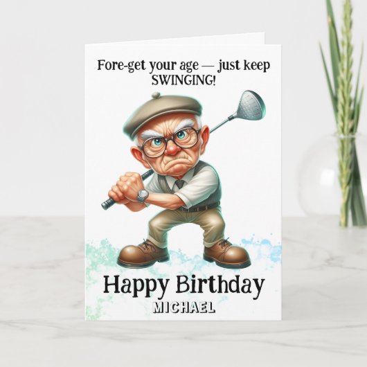*~* AP94 Grappig oud Man Golf Swinging Verjaardag Bedankkaart (Voorkant)