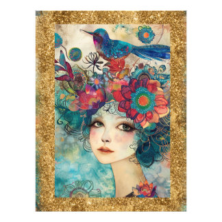 *~  AP95 Fantasievolle Vrouw Bloem  Goud  Glitter  Foto Afdruk