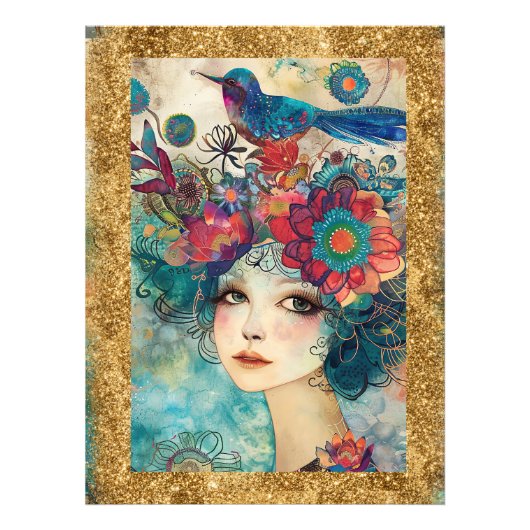 *~  AP95 Fantasievolle Vrouw Bloem  Goud  Glitter  Foto Afdruk (Voorkant)
