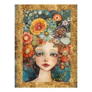 *~ AP95 Whimsical Woman Bloemen Goud Glitter kunst Foto Afdruk