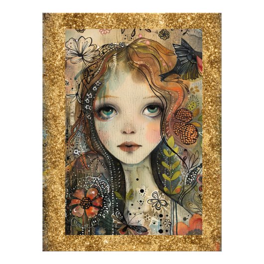 *~ AP95 Whimsical Woman Gouden Glitter Bloemen Foto Afdruk (Voorkant)