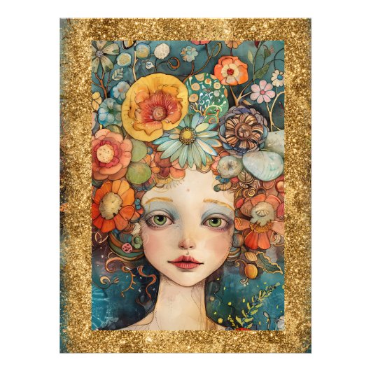 *~ AP95 Whimsische Vrouw Bloemen Goud Glitter kuns Foto Afdruk (Voorkant)
