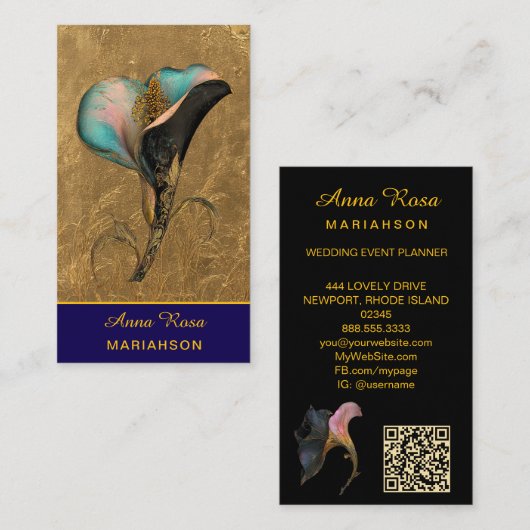 *~* AP98 Elegant Flower Gold 2  Rich  QR Floral  Visitekaartje (Voorkant / Achterkant)