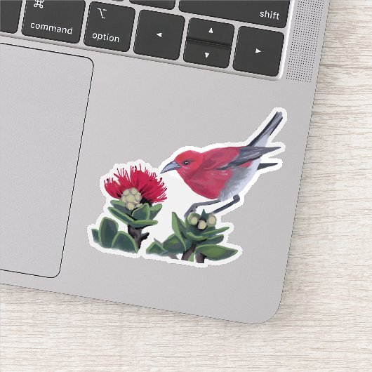 Apapane & Lehua Blossom Hawaii Nature Illustration Sticker (Detail)